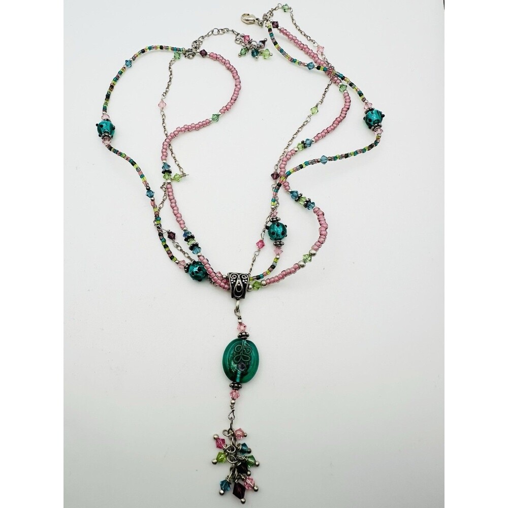 Vintage Sterling Silver Art Glass Crystal Necklace 18” Pink Green Spring Color